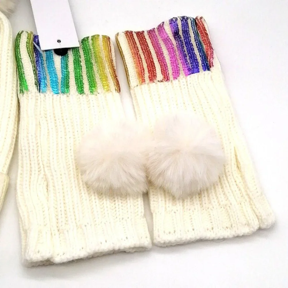 BP Womens Winter Knit Stocking Cap & Fingerless Mitten Set Ivory Faux Fur NEW‎